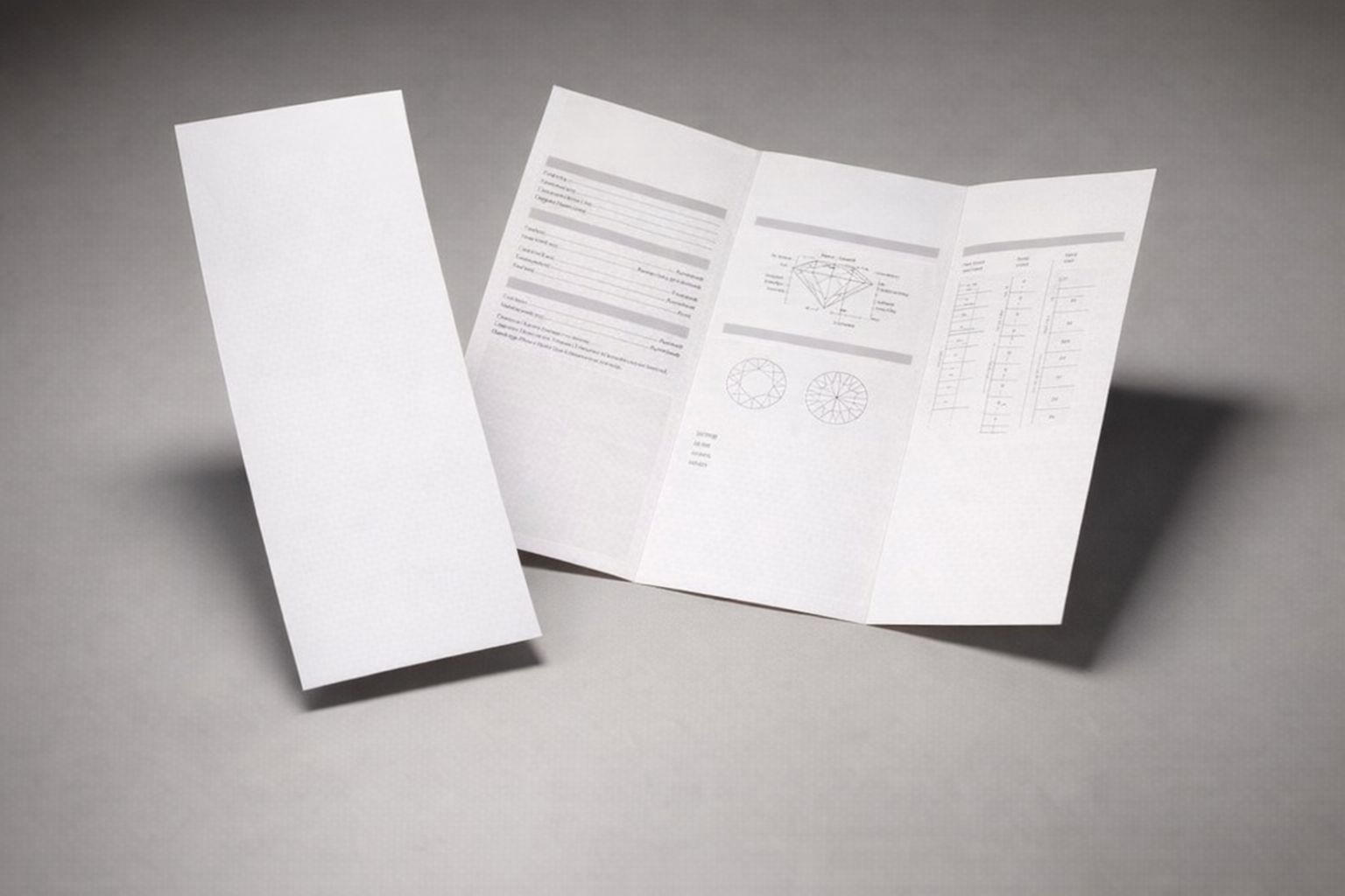 Ett öppet diamantcertifikat och en vit folder på en grå yta.