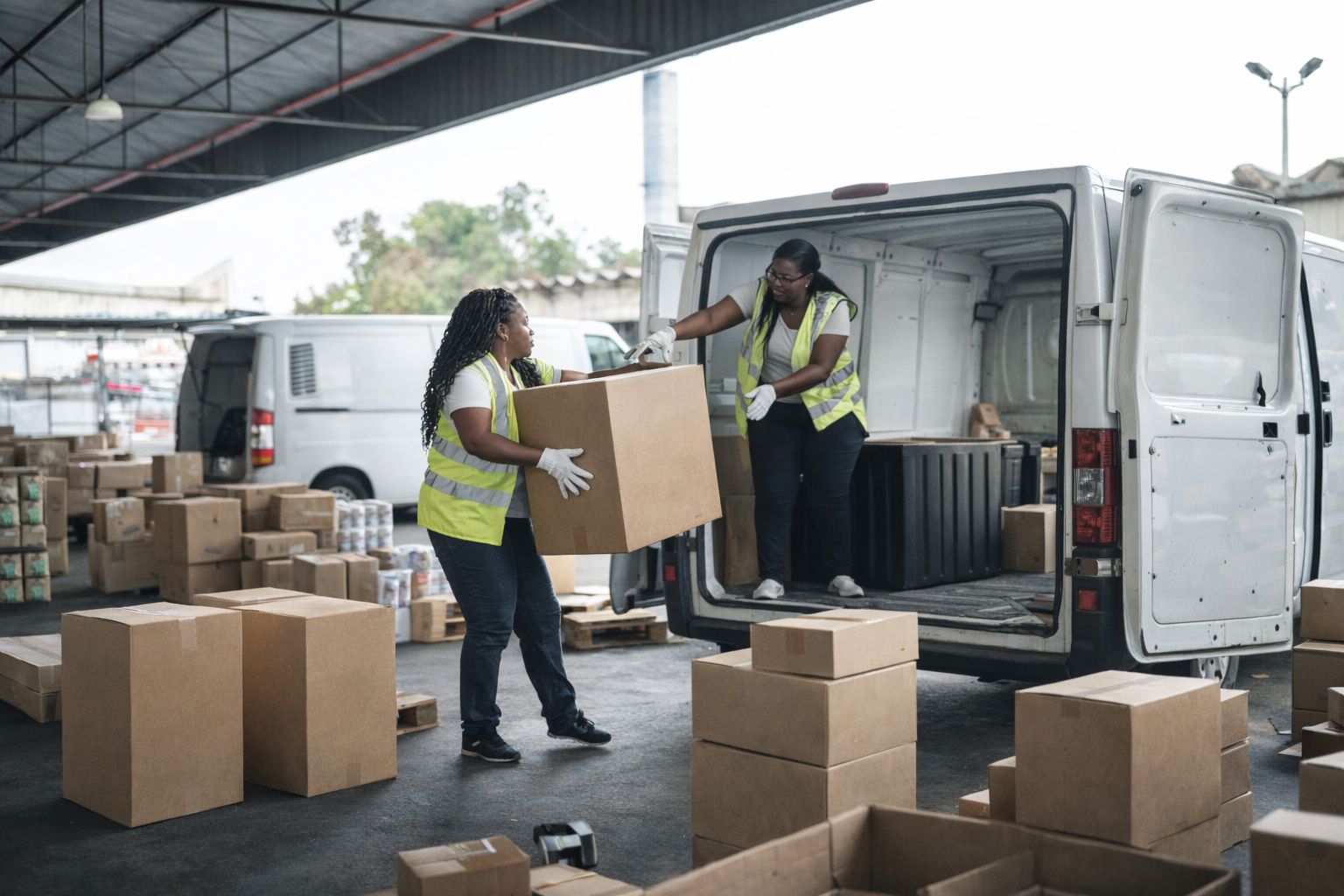 Två logistikarbetare lastar paket i en transportbil vid en terminal.