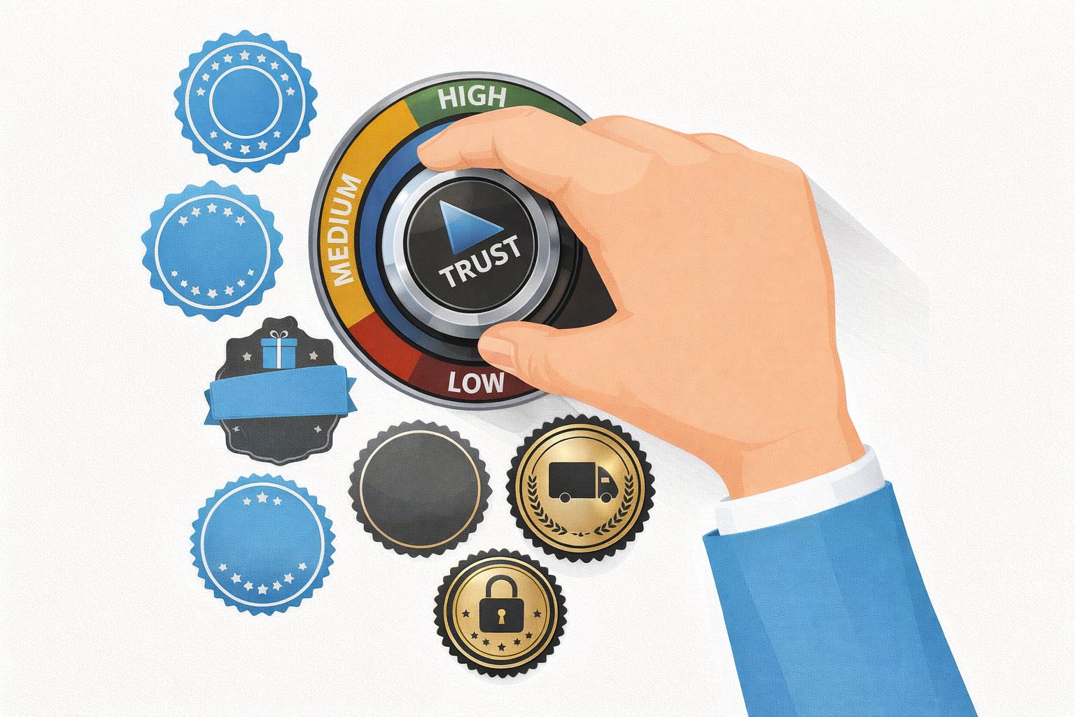 En hand som vrider en mätare mot högsta förtroendenivå.