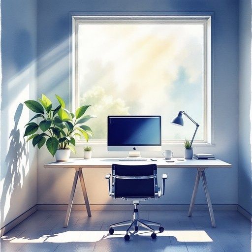 Ljust, minimalistiskt hemmakontor med dator, växter och skrivbord
