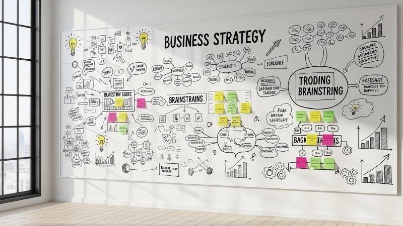 Whiteboard med affärsstrategi, brainstorming och färgade planeringslappar
